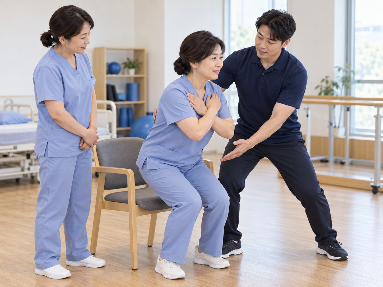 돌봄 종사자의 자세와 부축 교육 예시 · AI 생성 이미지