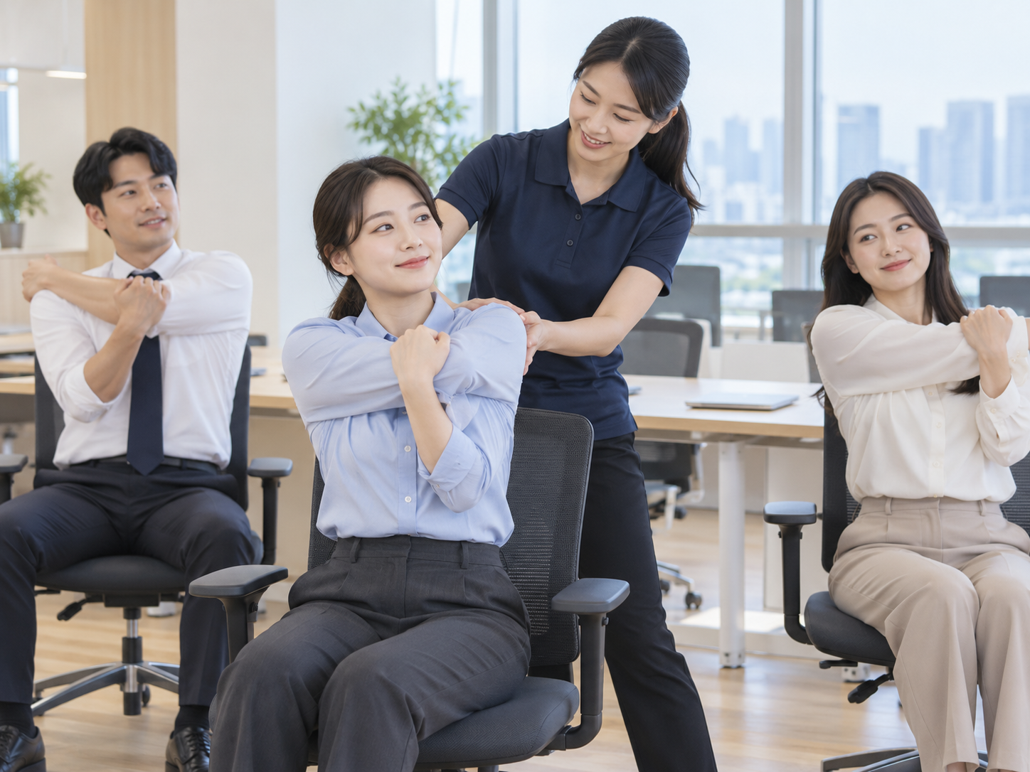 사무직 직원의 의자 스트레칭 교육 예시 · AI 생성 이미지